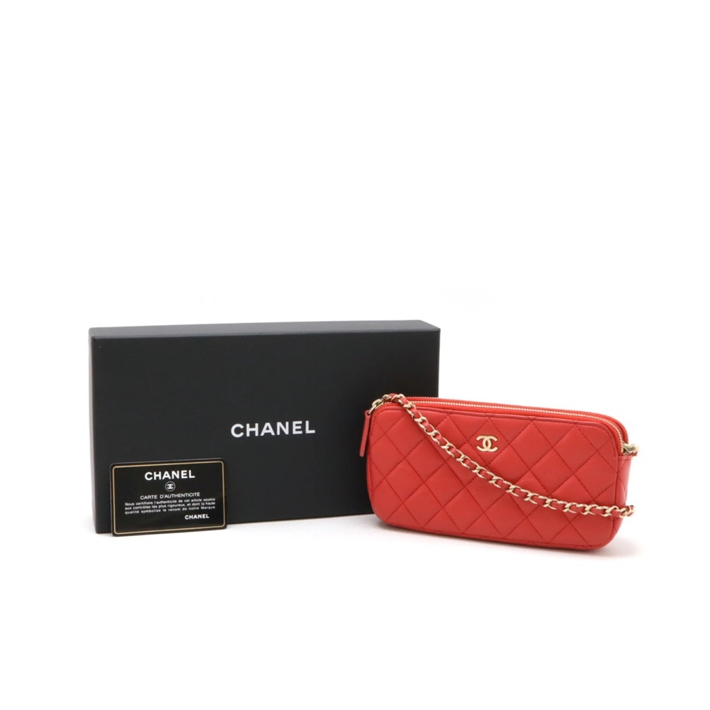 CHANEL Red Clutch with Gold Hardware and Quilted Texture